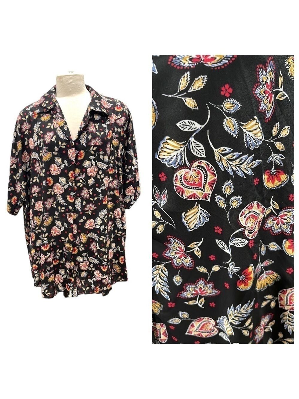 NWOT Zig Zag Stripe Heart Floral Button Front Top SZ XL Black